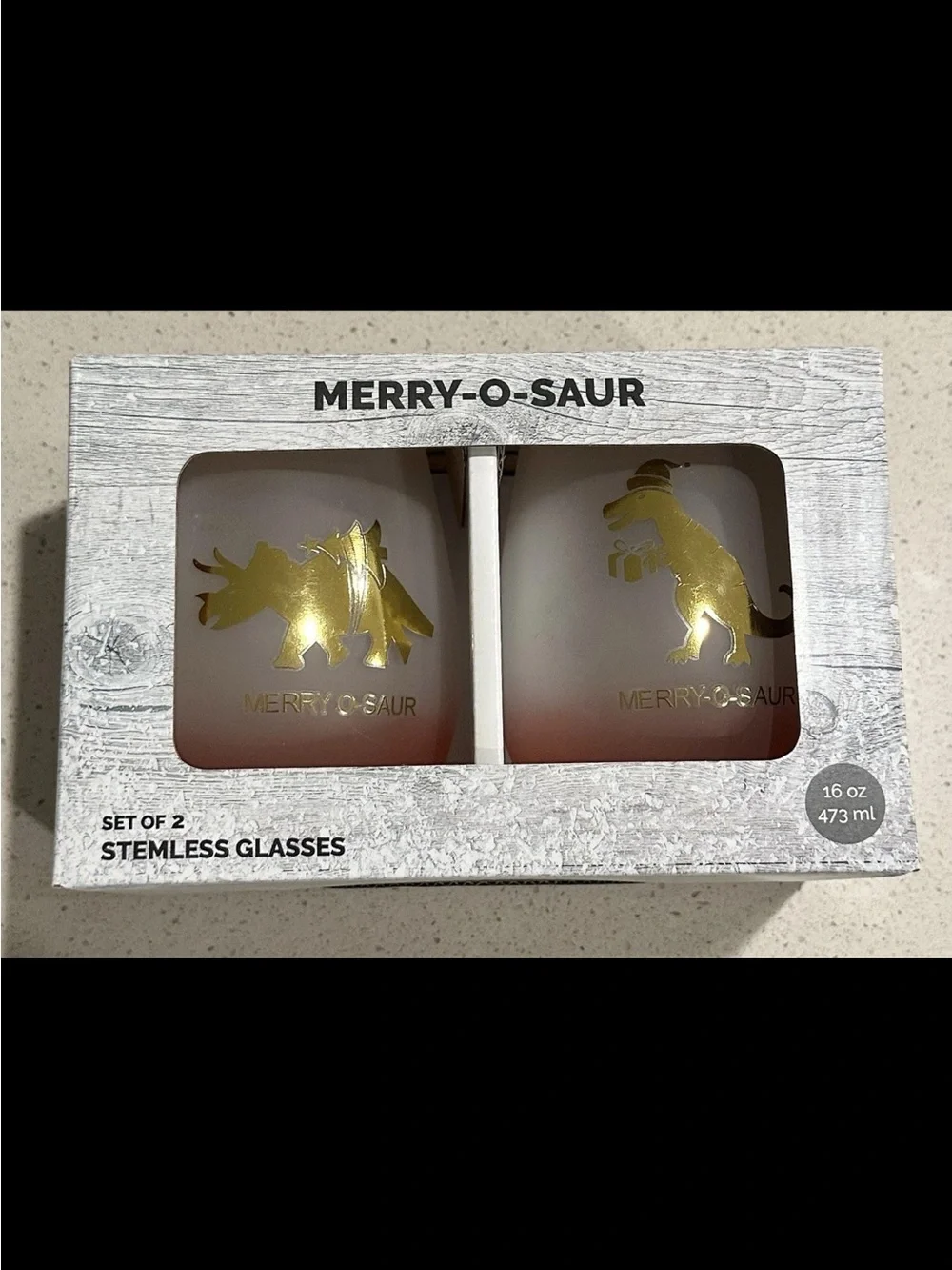 Merry-O-Saur Stemless Glasses Set - Gold Dino Accent